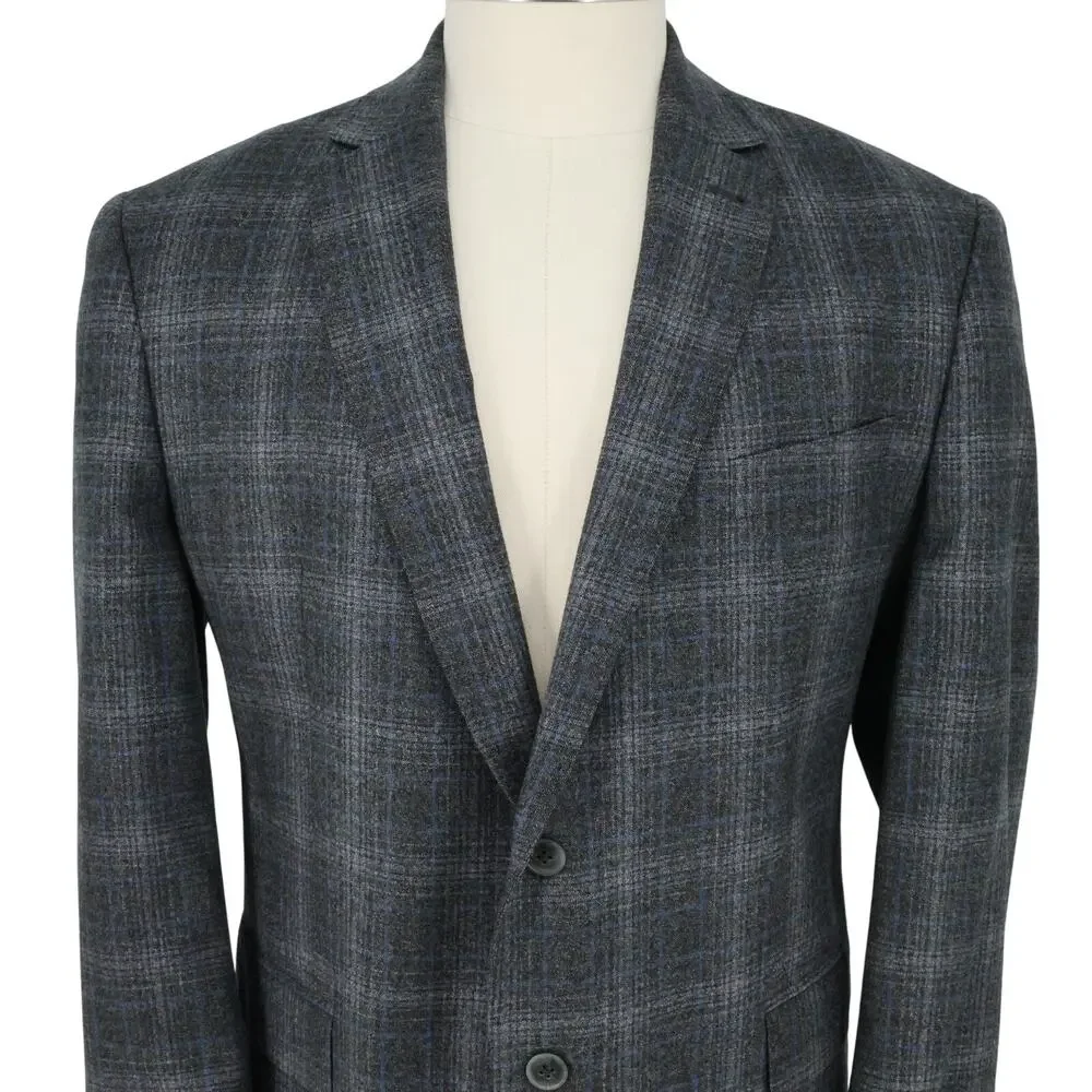 Joseph Abboud Sport Coat Mens 46R Gray Plaid Wool Jacket Lined Blazer Preppy